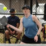 Sequim Gazette photo by Michael Dashiell / Becky Carlson returns a shot in the Sequim Fling Pickleball Tournament on June 29.