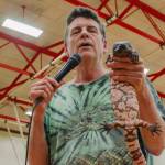 Sequim Gazette photo by Elijah Sussman / The Reptile Man Scott Peterson with venomous Gila Monster on June 25.
Peterson holds a Gila Monster for youngsters to see.