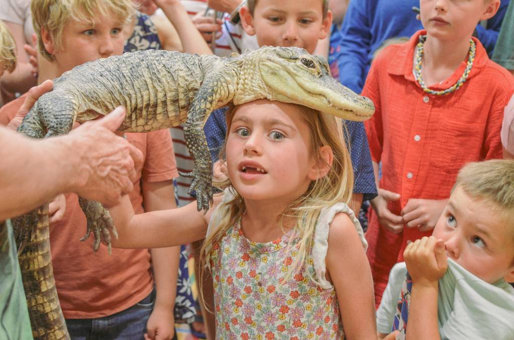 Sequim Gazette photo by Elijah Sussman / Cora Svik poses with Lucy the crocodile on June 25.