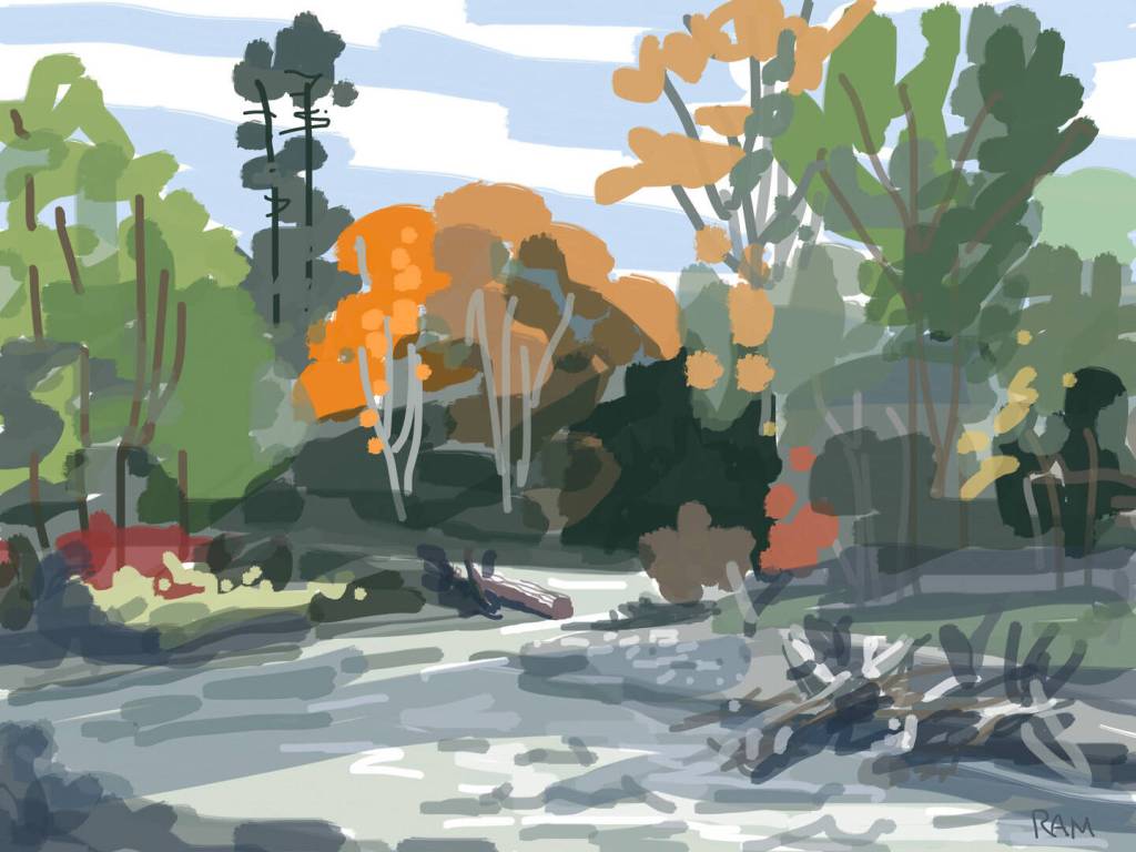 Artwork courtesy of Roger Morris / Dungeness Fall Color by Roger Morris, a featured artist at the Plein Air Inspirations exhibit at the A. Milligan Art Studio & Gallery during the First Friday Art Walk Sequim on July 5.