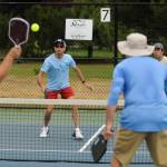 Sequim Gazette photo by Michael Dashiell
In background, Yiu Fun Derek Lee, left, and partner Davin Lee take on Ronald Hopkins (foreground, left) and Brian Wetzler in the mens doubles 3.0 division gold medal match at the Sequim Fling Pickleball Tournament on June 29.