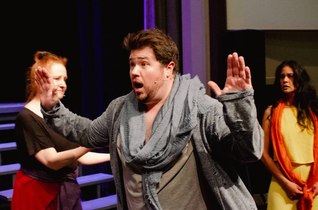 Sequim Gazette photo by Elijah Sussman / Mark Lorentzen, as Judas, sings on stage in a July 1 rehearsal of Jesus Christ Superstar.