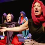 Sequim Gazette photo by Elijah Sussman / Actors Angela Poynter (left) and Sunshine Peterson dancing on the stage floor with ensemble in the background, at Sequim High School auditorium on July 1.
Sequim Gazette photo by Elijah Sussman / Actors Angela Poynter (left) and Sunshine Peterson dance on the stage floor with ensemble in the background, at a Jesus Christ Superstar rehearsal Sequim High School auditorium on July 1.