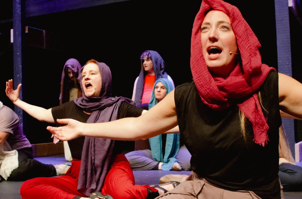 Sequim Gazette photo by Elijah Sussman / Actors Angela Poynter (left) and Sunshine Peterson dancing on the stage floor with ensemble in the background, at Sequim High School auditorium on July 1.
Sequim Gazette photo by Elijah Sussman / Actors Angela Poynter (left) and Sunshine Peterson dance on the stage floor with ensemble in the background, at a Jesus Christ Superstar rehearsal Sequim High School auditorium on July 1.