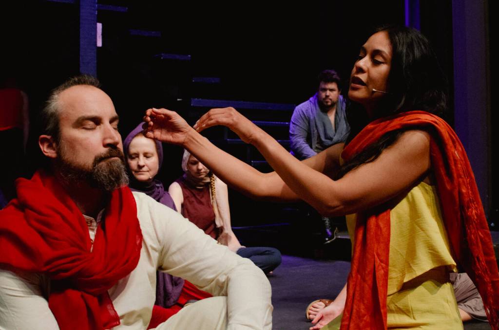 Sequim Gazette photo by Elijah Sussman / Actors Jeremy Pederson and Shahida Shahrir Mellon reheasre a scene of Jesus Christ Superstar on July 1.