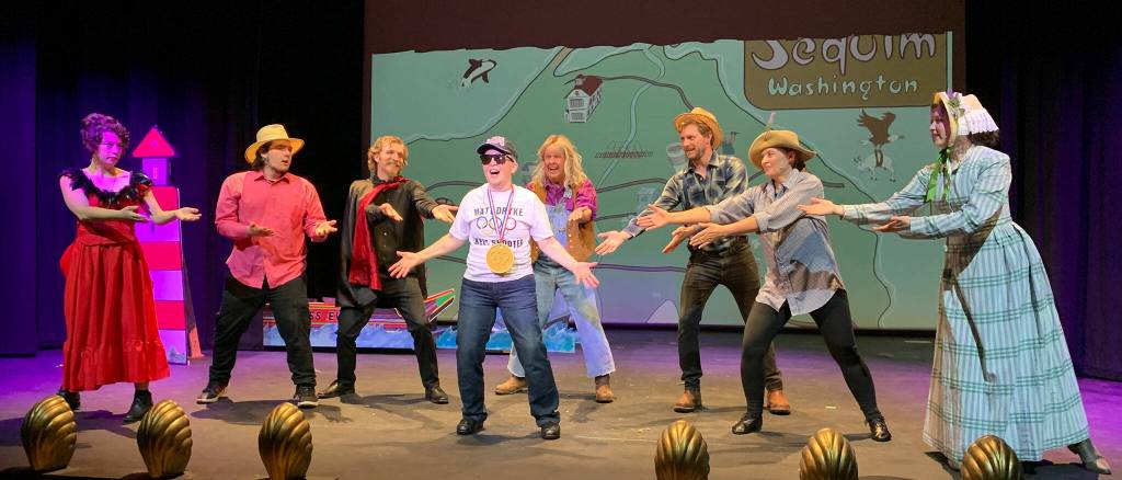 Photos courtesy Olympic Theatre Arts
Sequim locations and local icons, like gold medalist Matt Dryke (played by Joodie Klinke), in center, make cameos in Olympic Theatre Arts melodrama Lavender Dreams, running weekends through July 21.