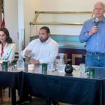 Republican Jaime Herrera Beutler, left, and Democrats Patrick DePoe, center, and Kevin Van De Wege, all candidates for state Commissioner of Public Lands, met before the Port Angeles Business Association on Tuesday to discuss their priorities for leading the Department of Natural Resources. (Peter Segall/Peninsula Daily News)