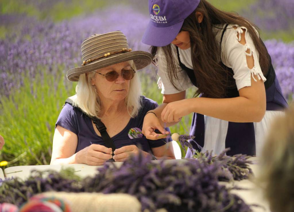 Sequim Gazette photo by Michael Dashiell / Susan Fuller of Sequim gets some tips on making a lavender wand from Kailah Blake at Jardin du Soliel Lavender Farm & Gift Shop on July 19.