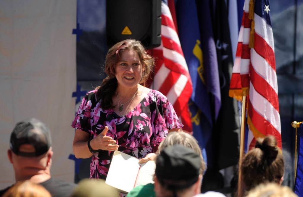 Sequim artist Melissa Klein speaks at the unveiling of the American Legion Jack Grennan Post #62s Remember Me mural unveiling.