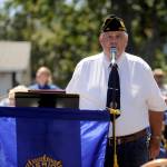 Sequim Gazette photo by Michael Dashiell / American Legion post Commander Carl Bradshaw speaks at the unveiling of the Remember Me mural in Sequim on July 20.