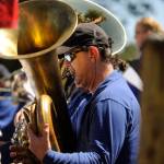 Sequim Gazette photo by Michael Dashiell / Sequim City Band member Jason Wilwert plays at the unveiling of the Remember Me mural in Sequim on July 20.