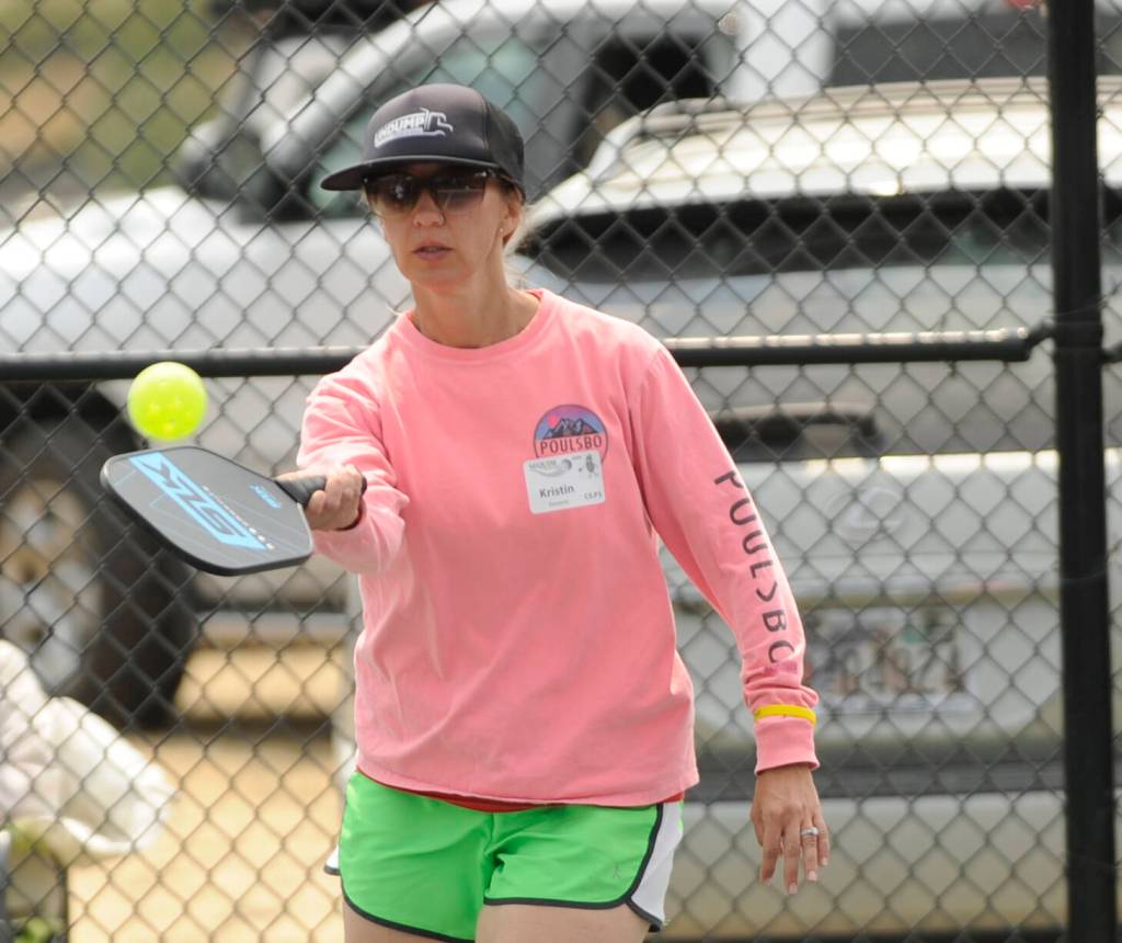 Kristin Deverin returns a volley at the 2024 Big Dill pickleball tournament on July 27.