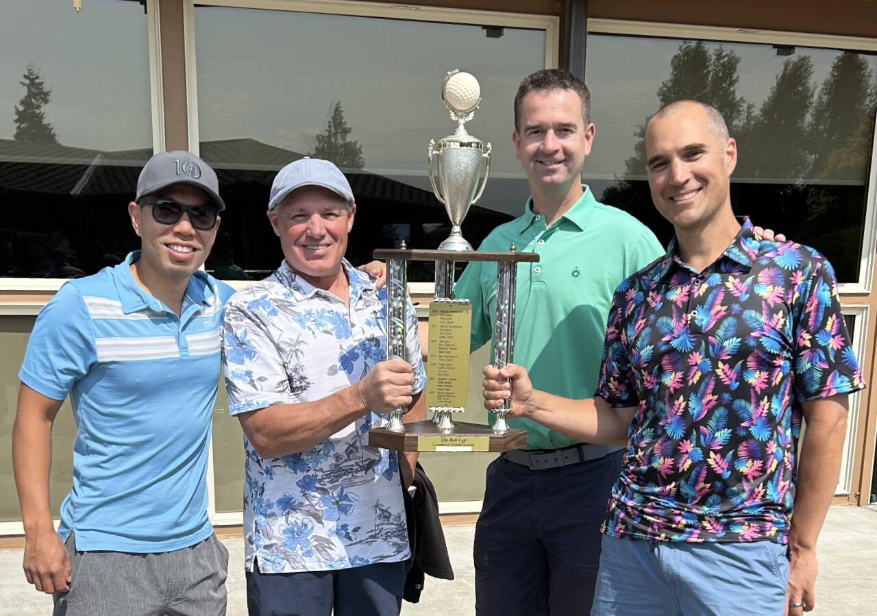 Photo courtesy of Mary Jane Duncan / Big winners from this years annual Bob Cup are a quartet of golfers from Olympia and dozens of athletes here on the Olympic Peninsula. Linc Beppu, Tom Henshaw, Doug Kramer and Douglas Kramer topped the field at the ninth-annual Bob Cup golf tournament at The Cedars at Dungeness on July 27, a tournament that benefits Special Olympics athletes on the Olympic Peninsula. Mary Jane Duncan created the tournament in memory of her late husband, longtime Sequim resident Bob Duncan. Funds raised from the event go to various expenses, from uniforms and equipment to transportation. There are also venue practice fees, though organizers note most places on the Olympic Peninsula allow the Orcas to hone their skills for free.