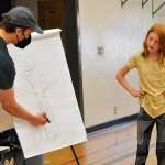 Sequim Gazette photos by Matthew Nash
Cecily Erickson watches as cartoonist Aron Nels Steinke draws her as an anthropomorphic red fox character similar to those found in his Mr. Wolfs Class books. She was one of 20-plus children to participate on July 31 in a lesson through the North Olympic Library System in Sequim on how to make your own comic books. It was fun, Cecily said, and her mom added that she makes a lot of comics at home, too.
