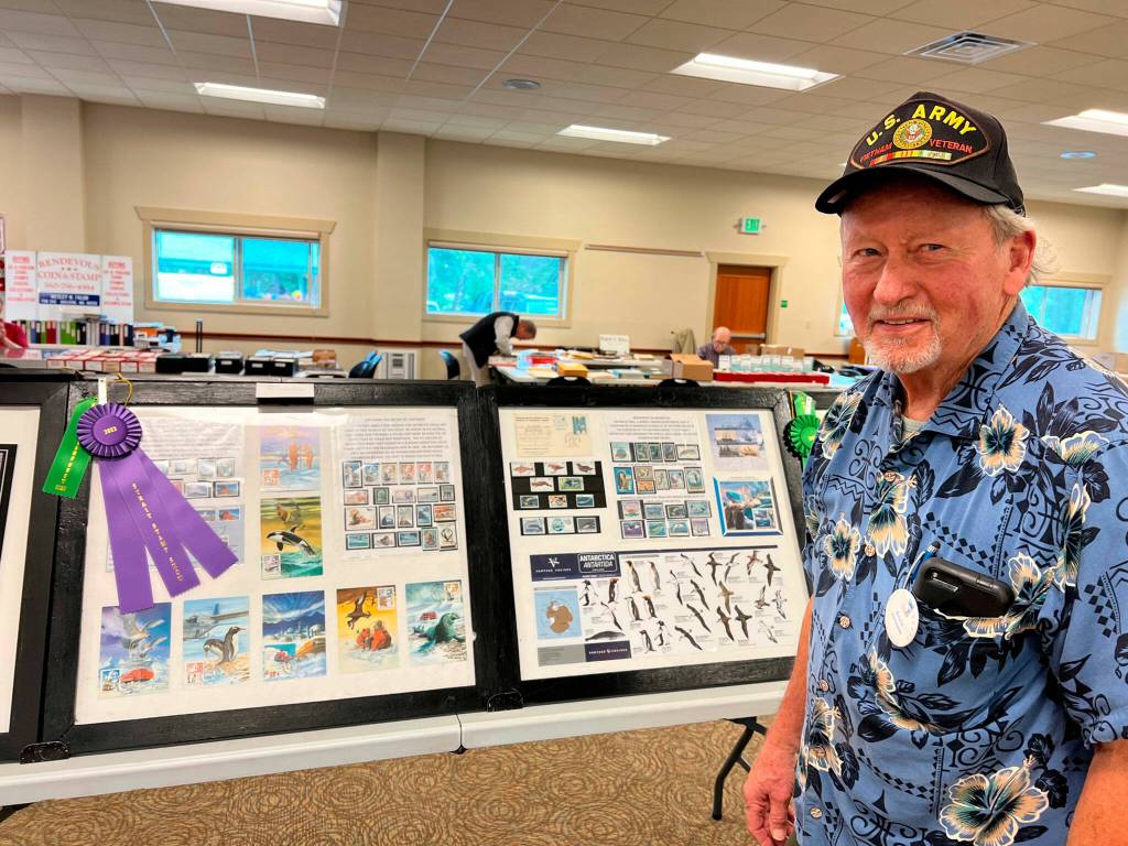 Photos courtesy Strait Stamp Society
Bruce Halstead stands with his award-winning Best Club Member exhibit on Antarctica at the 2023 Strait Stamp Show. He plans to bring another exhibit on cats and dogs for the Aug. 10 show.
