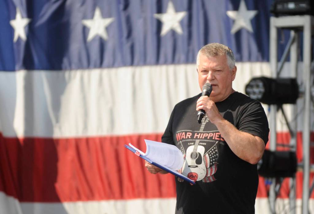 Sequim Gazette photo by Michael Dashiell / Joe DAmico, Unity of Effort organizer and president and CEO of Security Services Northwest, Inc., thanks military personnel, first responders and other key service providers at the 2024 event on Aug. 10.
