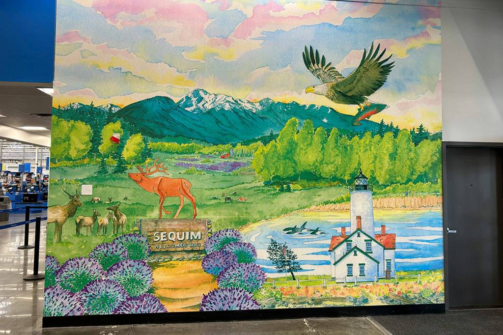 A new mural by artist Amelia Kaiser called Spirit of Sequim is now inside by the main entrance of the Sequim Walmart.