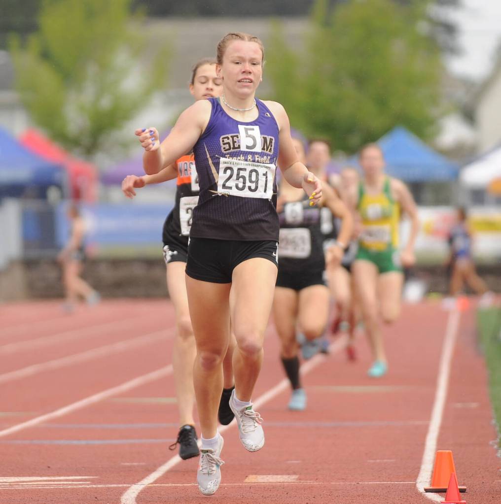 Sequim Gazette file photo by Michael Dashiell / Sequim High senior Riley Pyeatt races to a win in the 800 meters at the state 2A track and field championships at Mount Tahoma High School in 2022  breaking her own school mark in the process.