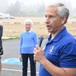 Sequim Gazette photo by Michael Dashiell / Eric Lewis, vice president of the Dungeness Valley Health & Wellness Clinics board of directors, helps lead off the clinics 17th Fun Walk and Health Fair, held Aug. 10 at Trinity United Methodist Church. All proceeds support the Dungeness Valley Health & Wellness Clinic, an organization that offers basic urgent care and chronic medical care for the uninsured and under-insured in the community. The clinic operates two Basic Urgent Care clinics per week and three to four Chronic Health Care clinics per month, at 777 N. Fifth Ave.