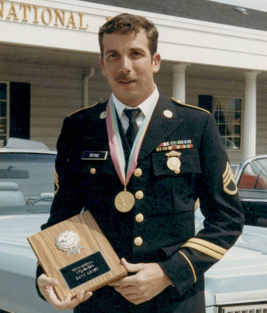 Photo courtesy of Sequim Museum & Arts / Donning his U.S. Army uniform, Matt Dryke is pictured as Grand Marshall in the 1985 Sequim Irrigation Festival Grand Parade, wearing his 1984 Olympic Games gold medal.