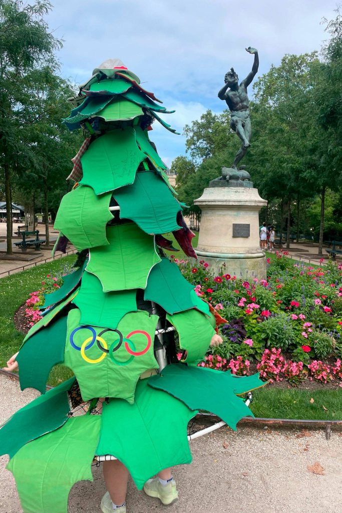 Ruby Coulson, as the Stanford Tree, takes in the sites during her trip to the Paris Olympics earlier this month. She visited the Luxembourg Garden, the Panthéon, saw the Eiffel Tower, and stayed in a hotel near the road cycling and marathon events.