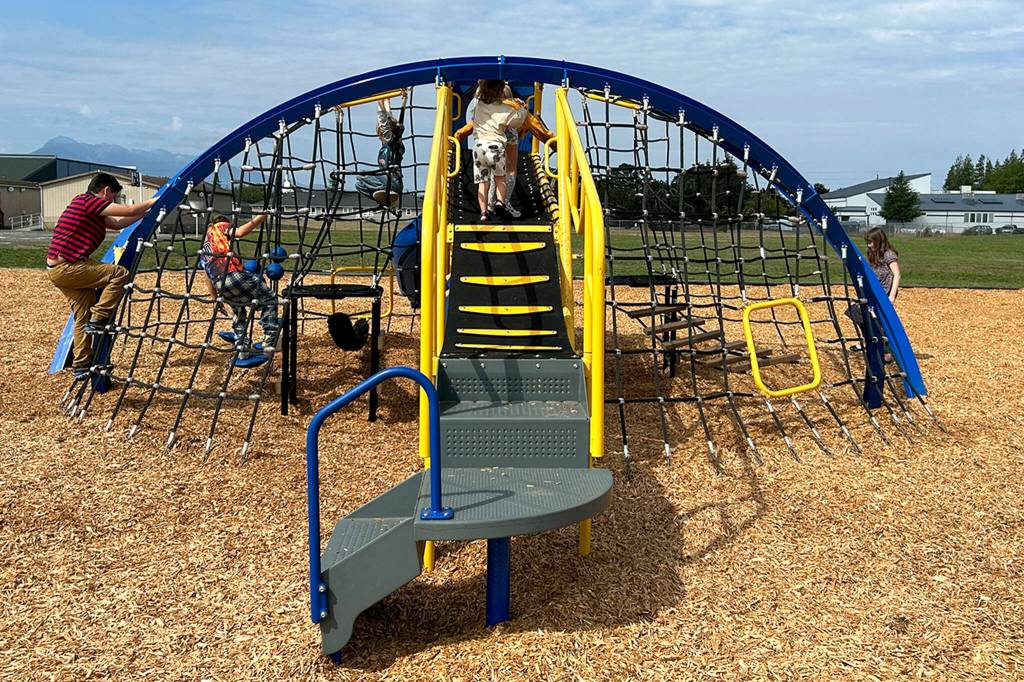 Sequim Gazette photo by Matthew Nash/ Helen Haller Elementarys Crab Trap playground equipment features several climbing and exploration opportunities for children.