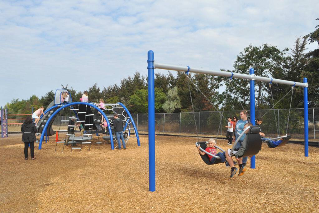 Sequim Gazette photo by Matthew Nash/ Greywolf Elementary hosts a new climbing structure, Quantis M2, and two Friendship Swings (all ability and age, two-seat swings) plus a We-Swing (a four-seat swing for all ages and abilities).