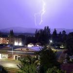 Bolts of lighting strike around the rain-obscured Klahhane Ridge area of Olympic National Park south of Port Angeles as thunderstorms work their way across the Olympic Peninsula on Saturday evening. Hundreds of strikes were recorded across the region. (Keith Thorpe/Peninsula Daily News)