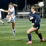 Photo by Jay Cline/Peninsula College
Shawna Larson (16), playing with a broken hand, gets off a shot in the NWAC semifinals in 2023.
