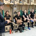 Peninsula College Athletics
Peninsula College head coach Kanyon Anderson speaks to his squad in the women's soccer locker room during the first day of practice earlier this month. Anderson has an experienced cast of 18 sophomores and 11 freshmen on the roster. The 2024 season opens with an Aug. 14 scrimmage at the University of Victoria. The Pirates' first home game is Aug. 27 against Multnomah.
