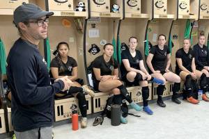 Peninsula College Athletics
Peninsula College head coach Kanyon Anderson speaks to his squad in the women's soccer locker room during the first day of practice earlier this month. Anderson has an experienced cast of 18 sophomores and 11 freshmen on the roster. The 2024 season opens with an Aug. 14 scrimmage at the University of Victoria. The Pirates' first home game is Aug. 27 against Multnomah.