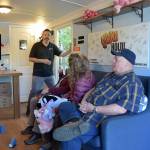 Photo by Keith Thorpe/Olympic Peninsula News Group
Tom Waertz of Ready America, left, runs an earthquake simulation in a shake trailer on Aug. 28 as participants, from left, Sequim EMT Lisa Law, CERT member Anne Koepp of Joyce and Jim Buck of the Joyce Emergency Planning and Preparation Group recover after being jolted by a 6.8-magnitude quake.