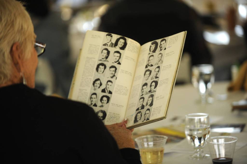 Sequim Gazette photo by Michael Dashiell / Attendees of Saturdays Sequim Athletic Hall of Fame event enjoy some reverie in recounting Sequim High memories.