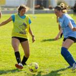 Sequim Gazette photos by Michael Dashiell
Sequim Highs Laila Sundin, left, and Libby Turella vie for possession in a preseason practice last week. The Wolves opened the 2024 campaign against Vashon on Sept. 10.