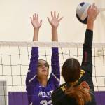 Sequim Gazette file photo by Michael Dashiell 
Sequims Arianna Stovall, left, looks to block a shot by Kingstons Lucy Patricio in an Olympic League match-up in October 2023. Stovall is one of two returning seniors on the 2024 SHS squad.