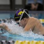Sequim Gazette file photo by Michael Dashiell
Sequims Annie Ellefson competes in the 100 breaststroke in a 2023 Olympic League meet. Ellefson, a junior, returns to the squad after earning two individual 1A/2A state meet qualifying swims in 2023.