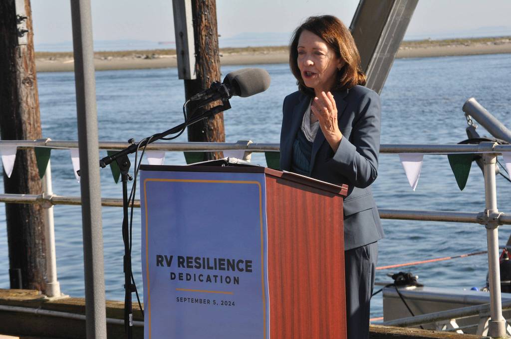 Sequim Gazette photo by Matthew Nash/ Sen. Maria Cantwell said the new hybrid vessel at PNNL-Sequim is about a vision of pushing the envelope on (research and development) at the Energy Departments only marine lab,