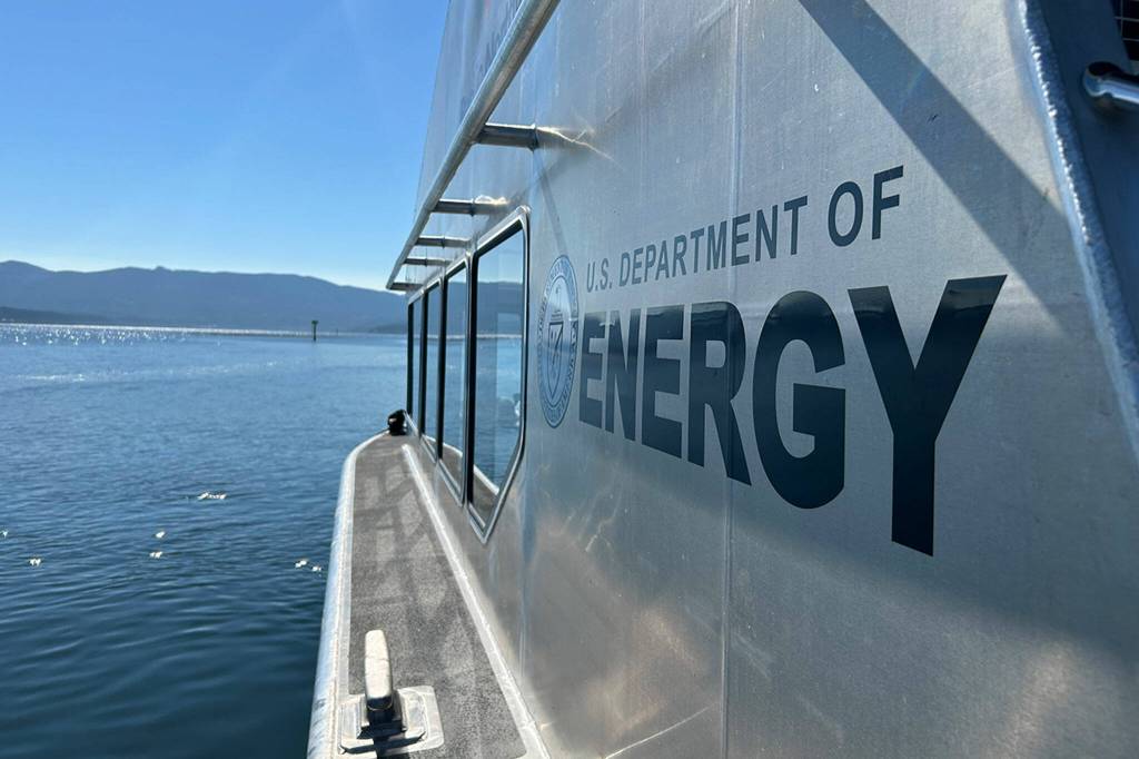 Sequim Gazette photo by Matthew Nash/ The RV Resilience can travel up to 23 knots by its diesel engine or 7 knots by electric. It features laboratory space, a large deck for up to 5,000 pounds of equipment, an A-frame, and knuckle crane to help move equipment.