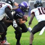 Sequim Gazette photo by Michael Dashiell / Sequims Zeke Schmadeke vies for yardage as the Wolves take on Franklin Pierce on Sept. 13.