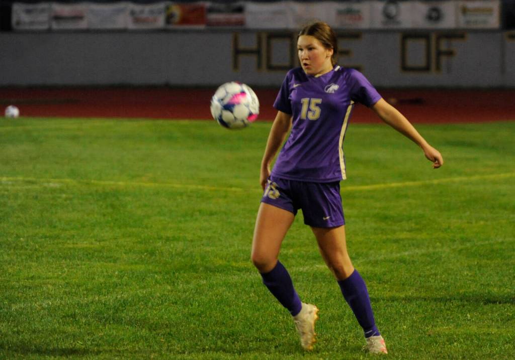 Sequim Gazette photo by Michael Dashiell / Sequim defender Harper Moore, looks to keep possession in the Wolves Sept. 19 league match-up with Bainbridge. The visiting Spartans won, 2-0.