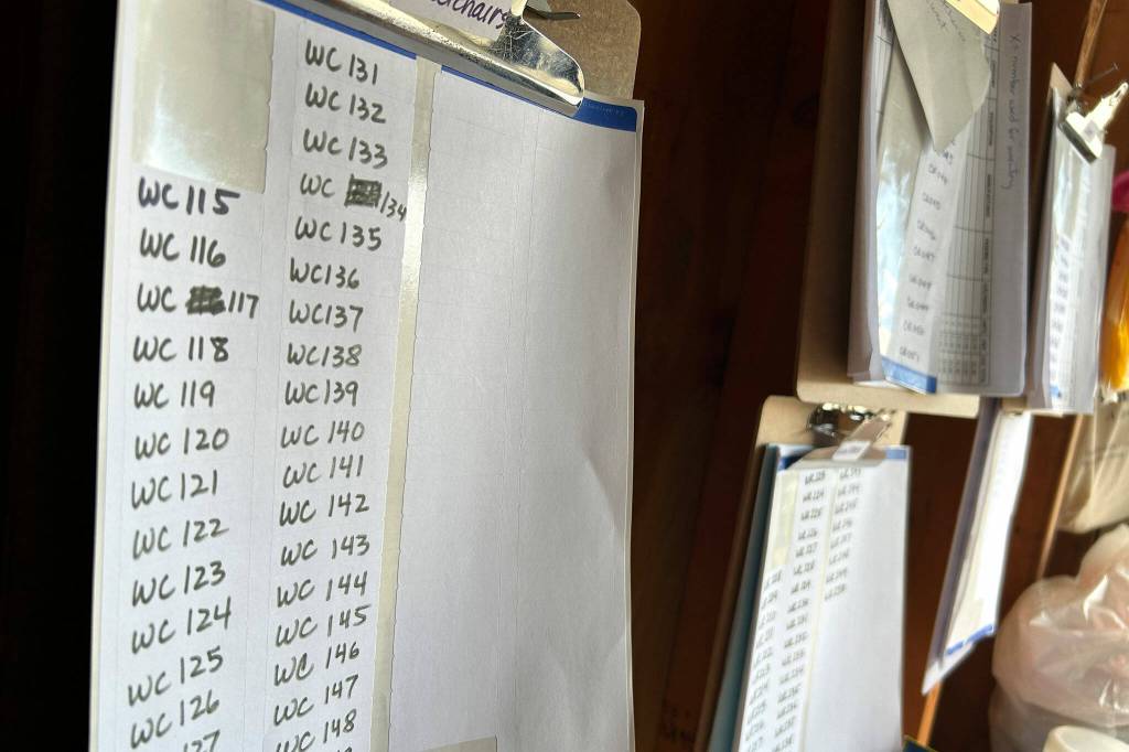 Sequim Gazette photo by Matthew Nash/ In order to ship hundreds of mobility devices to Guatemala, each item must be inventoried in Sequim by Dungeness Community Church volunteers.