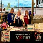 Photo courtesy Stephanie Sherman/ League of Women Voters of Clallam County, from left, Nancy Slocum, Stephanie Sherman, Gayle Fortson participated in an informational booth on Sept. 17 inside the Port Angeles Goodwill to answer questions and register voters for National Voter Registration Day.