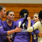 Sequim Gazette photo by Michael Dashiell / Sequim players rally after losing a point to Bainbridge in the third set of a Sept. 19 Olympic League match. Pictured, from left, are Rose Gibson, Kenzi Berglund, Kassi Montero, Sophia Greenleaf and Tiffany Lam.