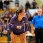 Sequim Gazette photo by Michael Dashiell / Sequims Kenzi Berglund awaits a Bainbridge serve as the Wolves take on the visiting Spartans on Sept. 19.