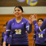 Sequim Gazette photo by Michael Dashiell / Sequims Yzzy Montero is all smiles after some hard play in the third set of an Olympic League match against Bainbridge on Sept. 19.