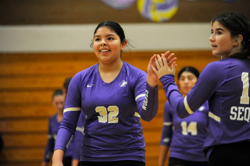 Sequim Gazette photo by Michael Dashiell / Sequims Yzzy Montero is all smiles after some hard play in the third set of an Olympic League match against Bainbridge on Sept. 19.