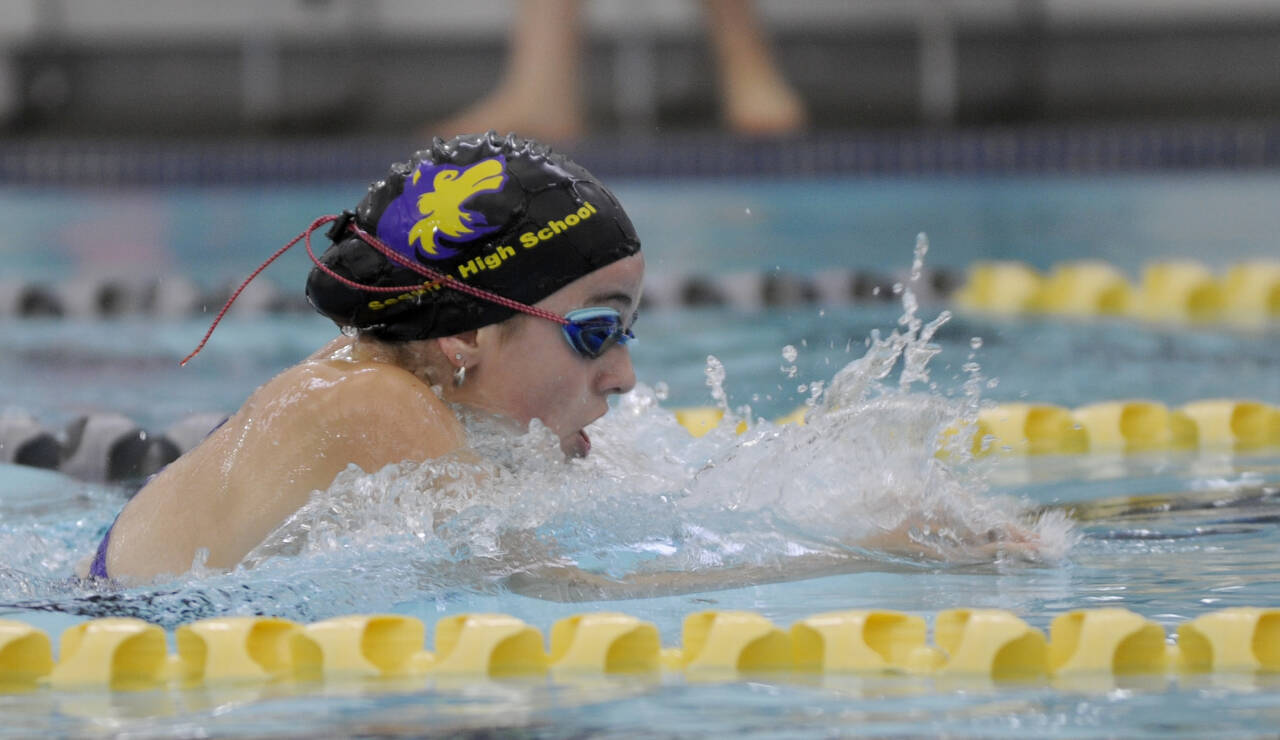 Sequim Gazette photo by Michael Dashiell / Sequims Ava Shinkle races to a win in the 200 individual medley as the Wolves take on Port Angeles in an Olympic League meet on Sept. 25 in Sequim.