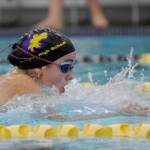 Sequim Gazette photo by Michael Dashiell / Sequims Ava Shinkle races to a win in the 200 individual medley as the Wolves take on Port Angeles in an Olympic League meet on Sept. 25 in Sequim.