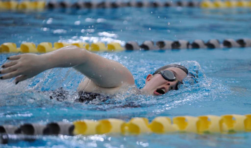 Sequim Gazette photo by Michael Dashiell / Sequims Keira Morey competes in the 200 freestyle in a Sept. 25 against Port Angeles.
