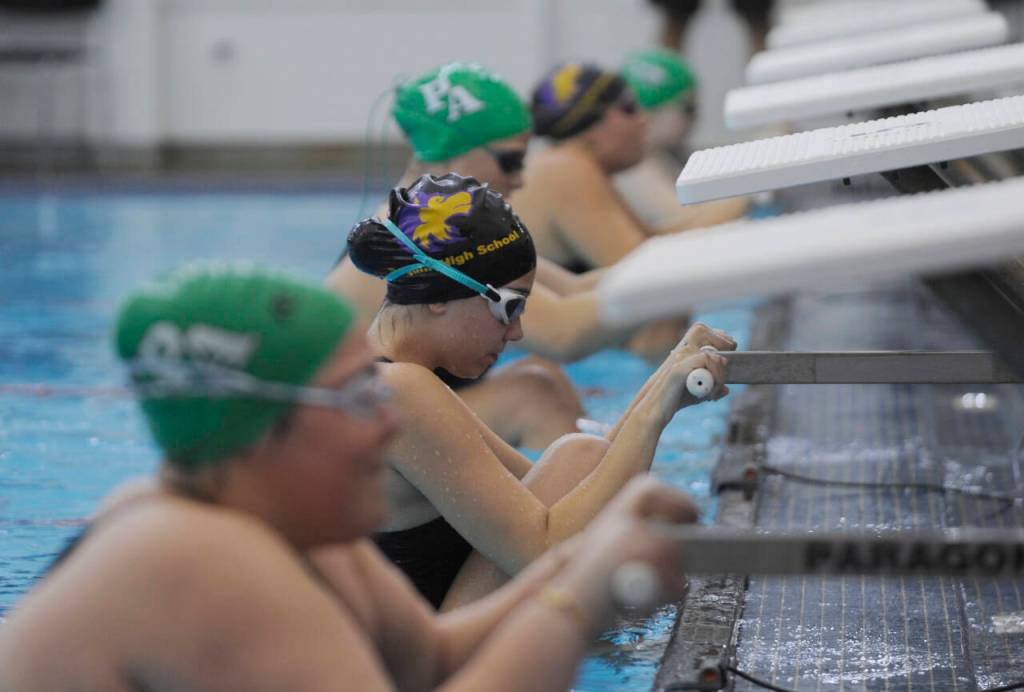 Sequim Gazette photo by Michael Dashiell / Sequims Audrey Cabbage awaits the starting bell in the 200 medley relay to open a Sept. 25 Olympic League meet against Port Angeles on Sept. 25.